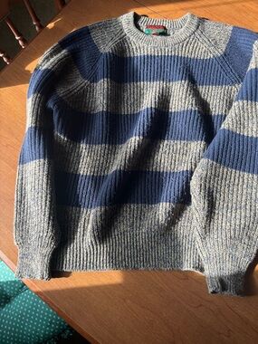 Chunky Navy and Gray Striped Crewneck Sweater - Men large